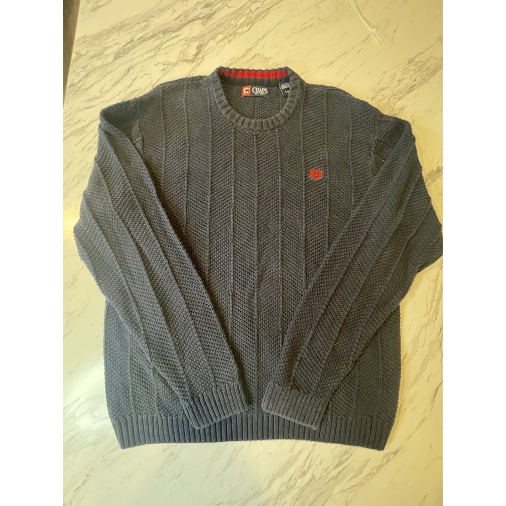 CHAPS Polo Heavy Golf Sweater Mens LNavy Blue Cable Knit Crewneck Pullover
